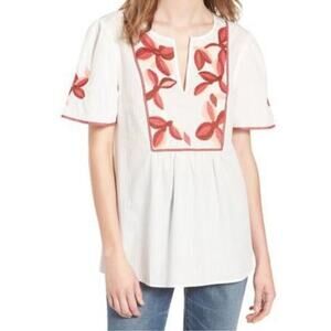 Madewell Womens Sz L Embroidered Peasant Top Fable Top White Red 100% Cotton